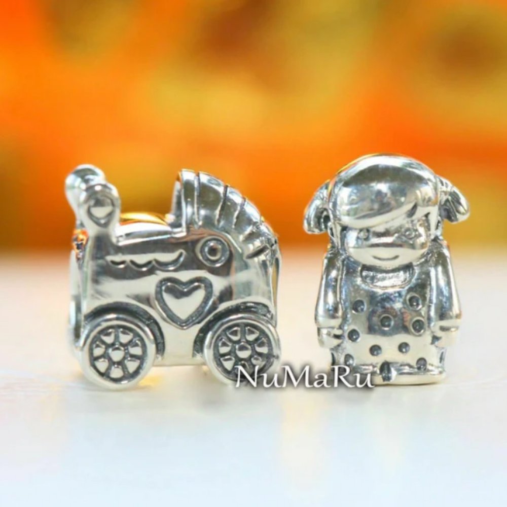 PANDORA Baby Carriage And Precious Girl Gift Set Charm